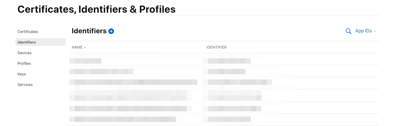 Apple Developer Identifiers 목록과 추가 버튼