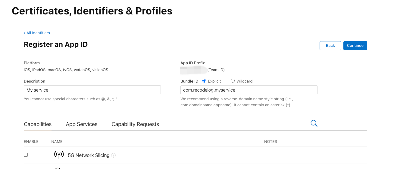 App ID Description과 Bundle ID 입력