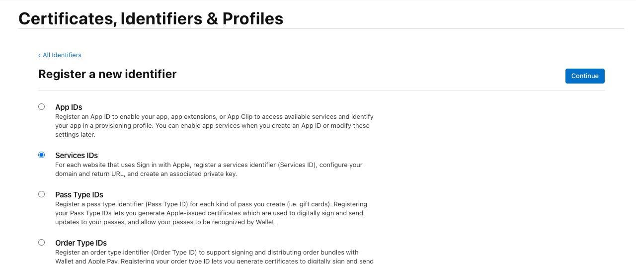 새 Identifier에서 Services IDs 선택
