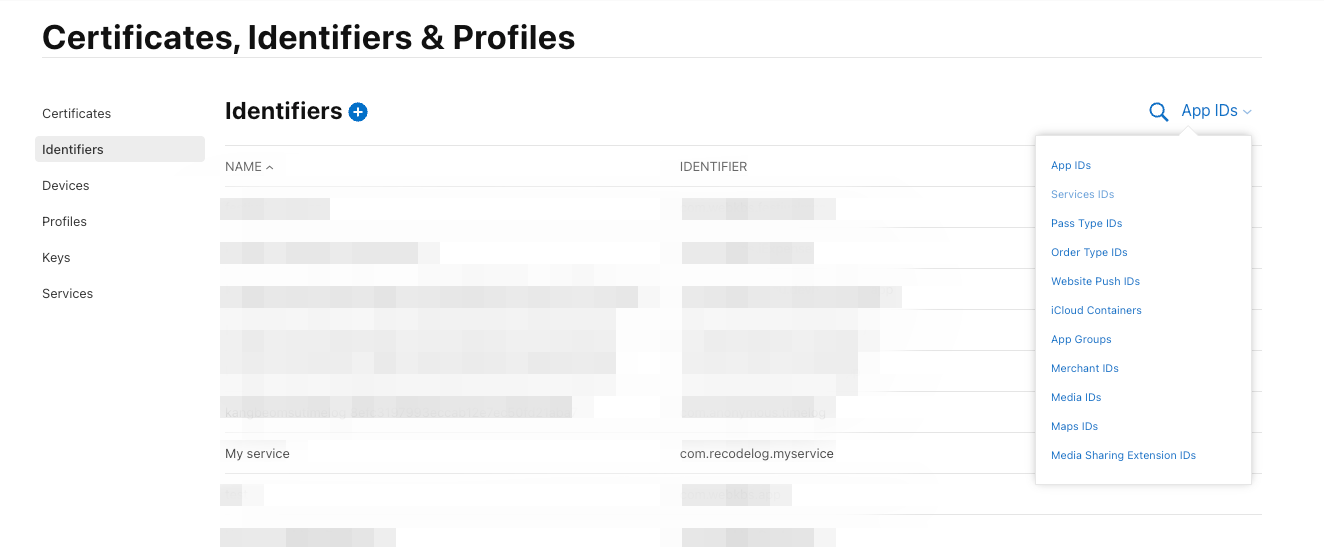 Identifiers 목록에서 Services IDs 필터 선택