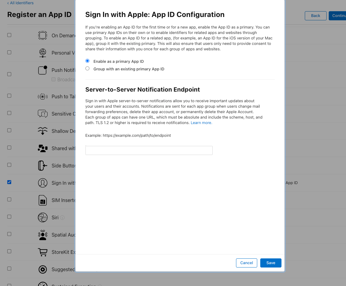 Sign in with Apple에서 Primary App ID 설정
