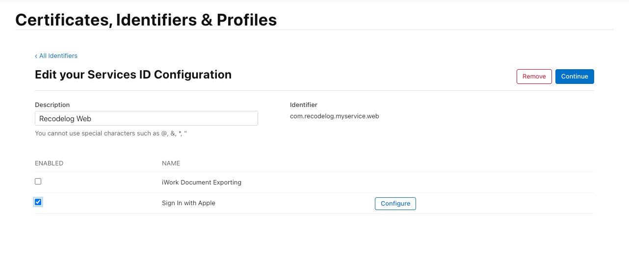 Services ID에서 Sign in with Apple 활성화