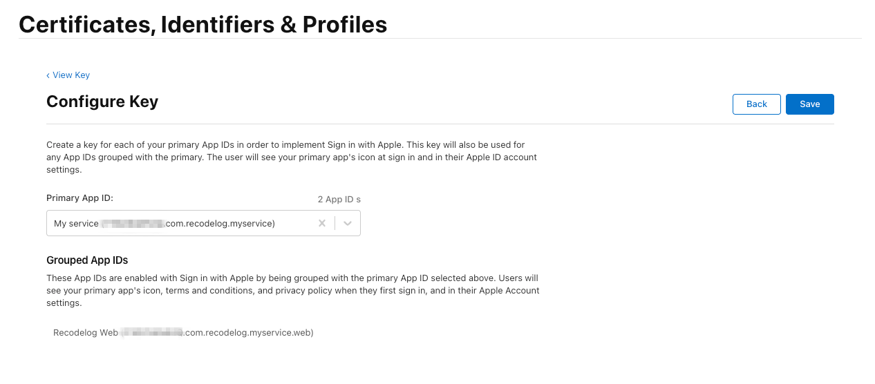Sign in with Apple Key에 Primary App ID 연결