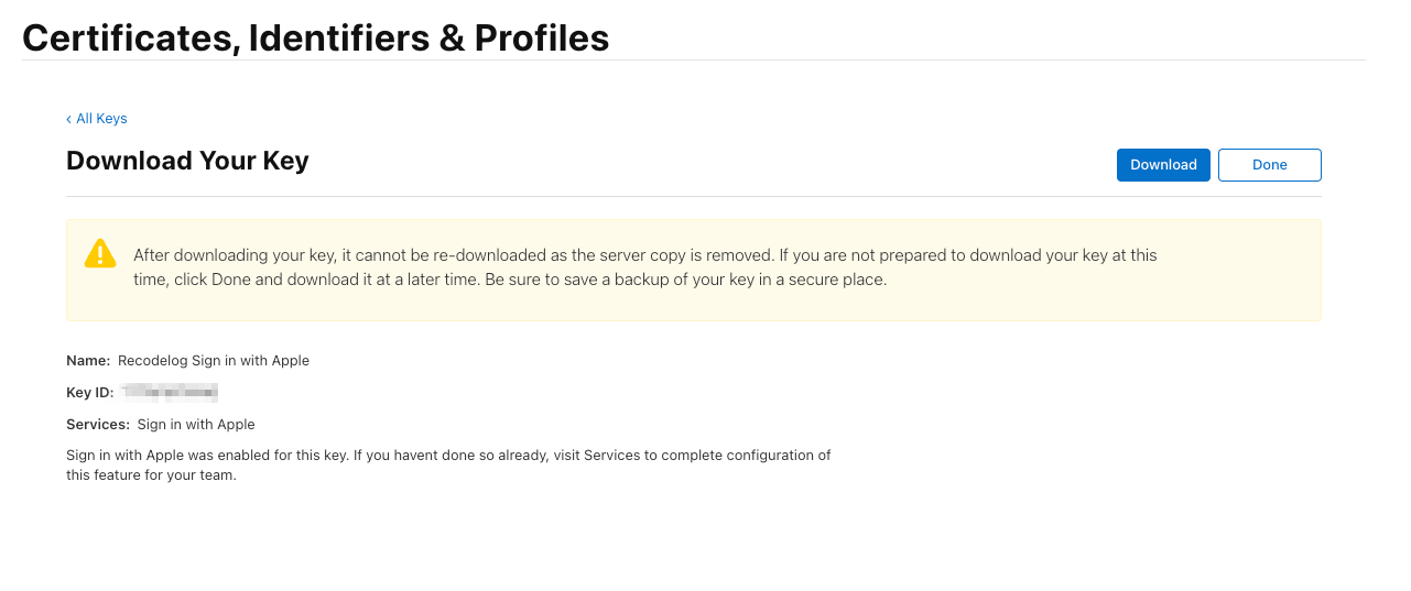 Sign in with Apple private key 다운로드