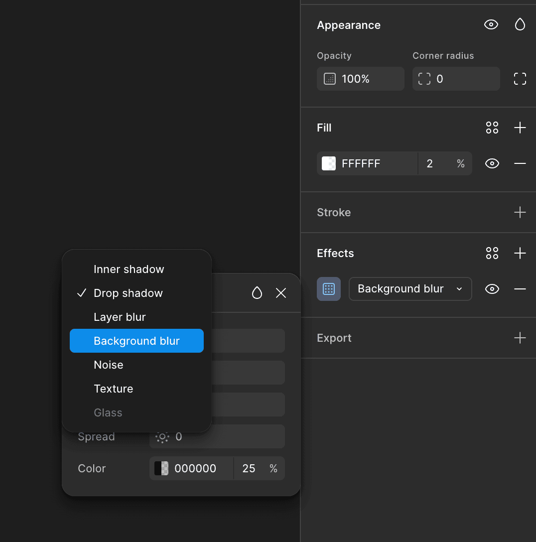 Effects 패널에서 Background Blur 선택