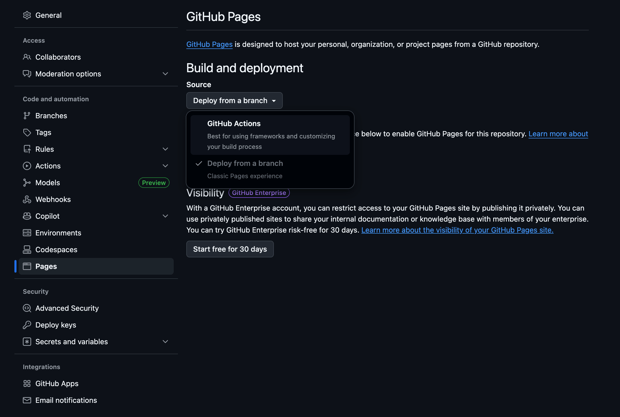 GitHub Pages 설정 화면